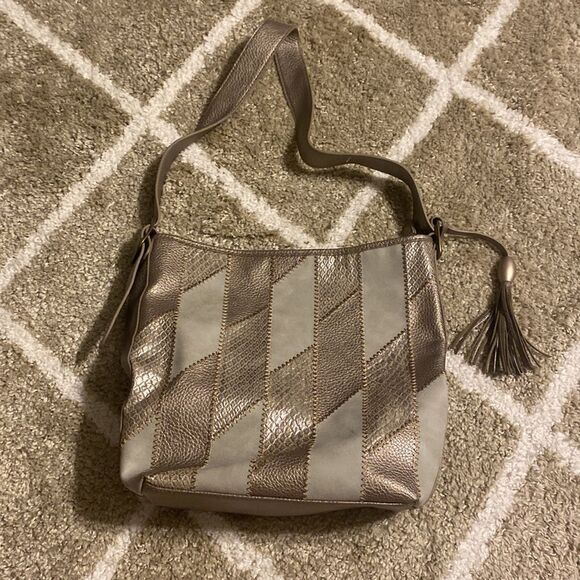 Vintage Bueno Gold Metallic and Suede Patched Shoulder Bag - Picture 2 of 9